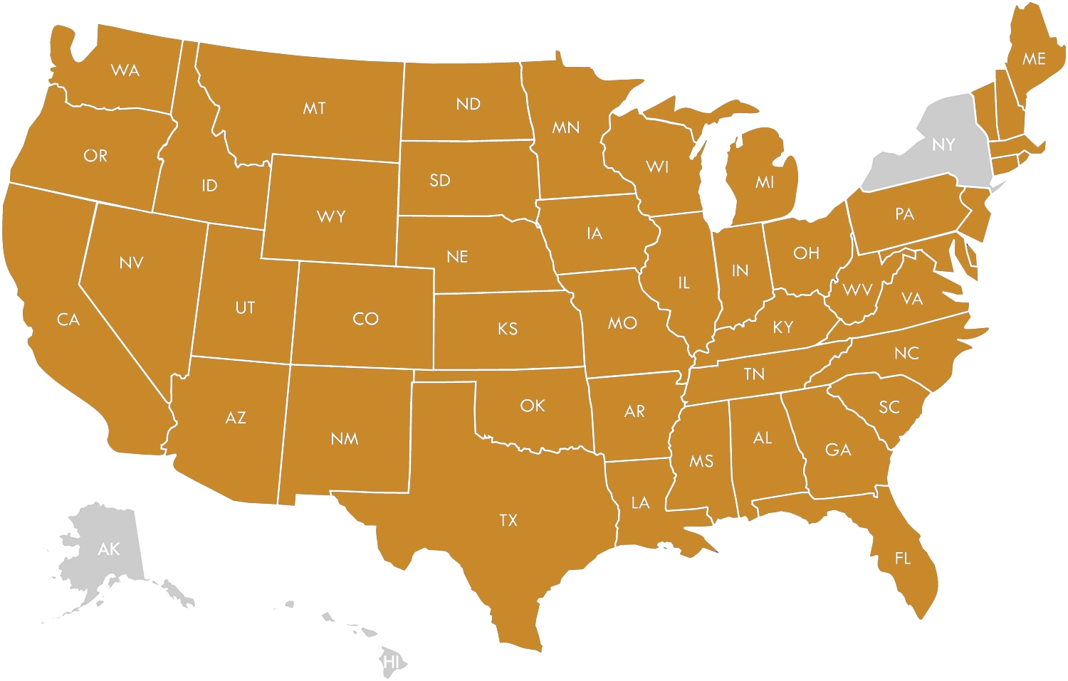 Map showing restaurant insurance service areas across the United States