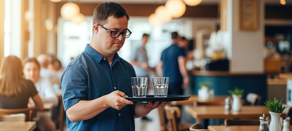 Restaurant employee serving customers while holding a tray.